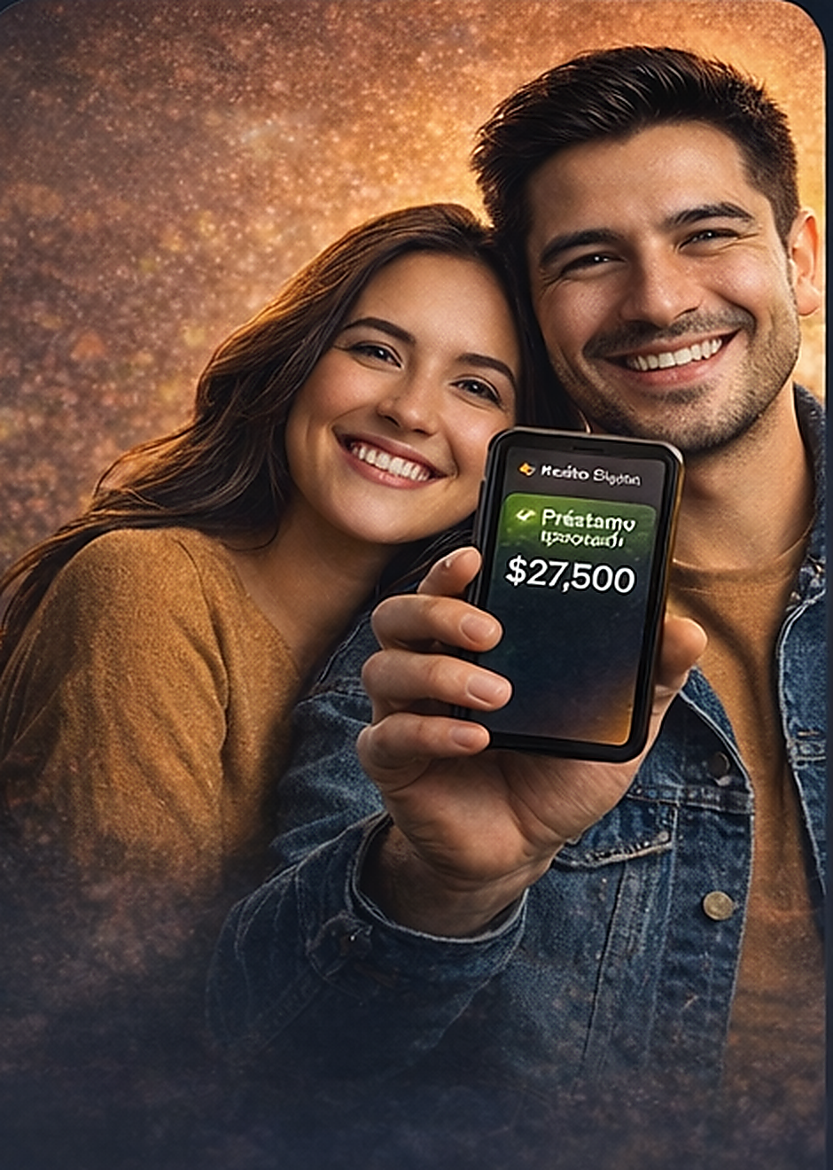 Pareja mexicana sonriendo y mostrando en el celular un préstamo aprobado